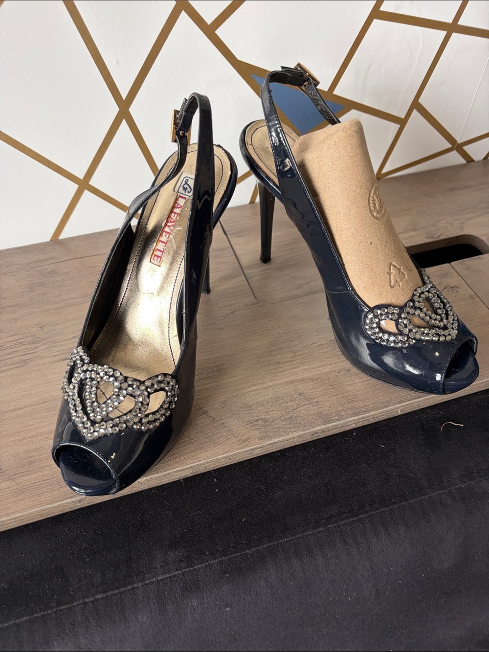 Lafayette Peep-Toe Heels with Crystal Heart Accent - Dar Navy patent leather